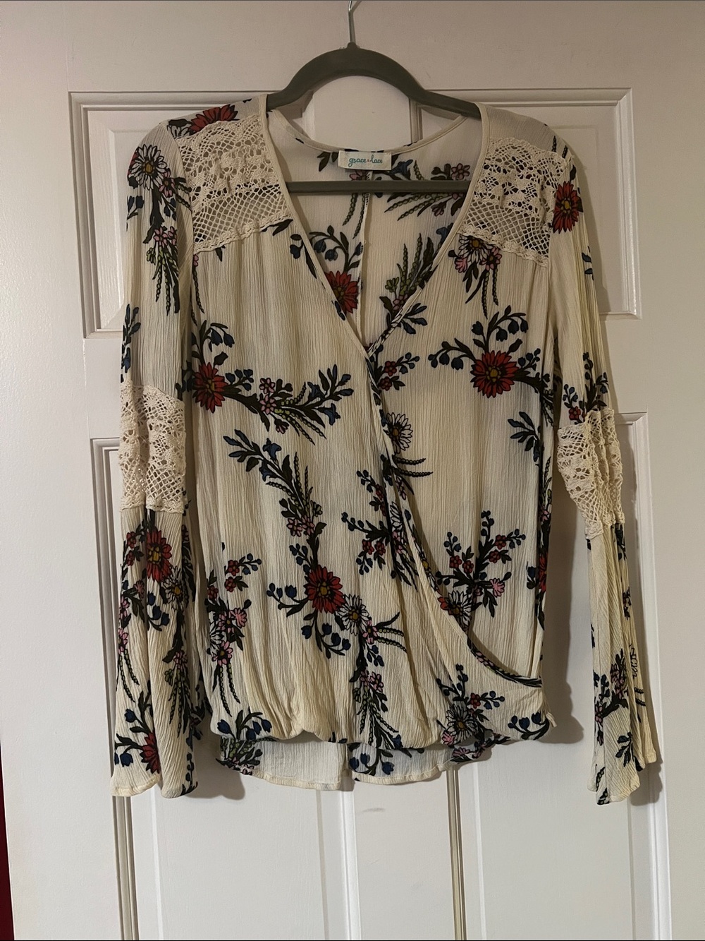 Grace & Lace Cream Wrap Blouse with Red & Navy Floral